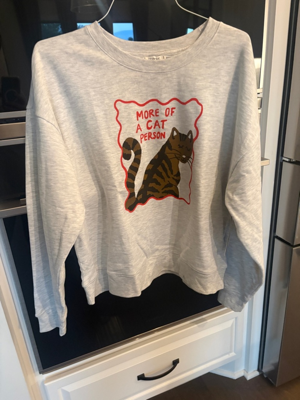 Anthropologie Light Gray Cat Graphic Sweatshirt with Red Trim